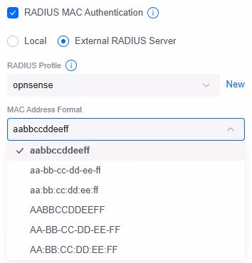 UniFi RADIUS MAC Authentication settings with the MAC address format dropdown open